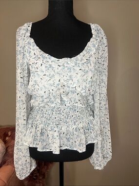 Light Blue Floral Smocked Peplum Blouse with Ruffle Neck